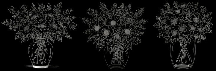 set of white line art illustration of flowers in vase isolated png  © Premium Backgrounds 