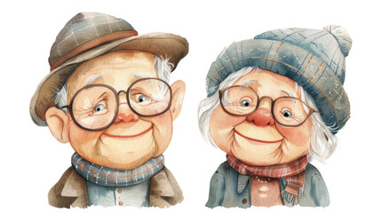 charming illustration of two elderly characters, man and woman, both wearing cozy hats and scarves, radiating warmth and joy. Their friendly expressions evoke sense of nostalgia and love