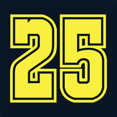 25 Classic Vintage Sport Jersey  Uniform numbers in black with a black outside contour line number on white background for American football, Baseball and Basketball or soccer for shirt