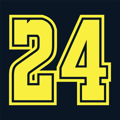 24 Classic Vintage Sport Jersey Uniform numbers in black with a black outside contour line number on white background for American football, Baseball and Basketball or soccer for shirt