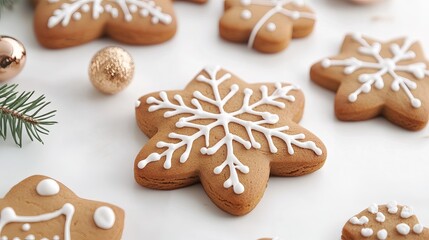 Gingerbread cookies with classic decorations on a white background.