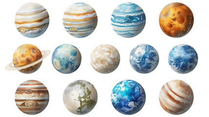 Planets in various colors and textures, showcasing diversity of celestial bodies in our solar system. Each planet features unique patterns and hues, evoking sense of wonder and exploration