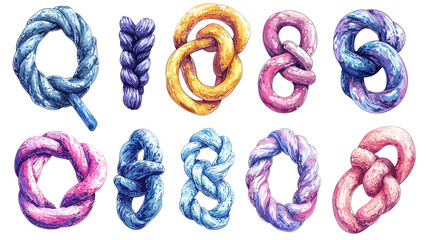 Colorful and intricate rope knots in various styles and shapes, showcasing blend of blue, purple, yellow, and pink hues. These artistic knots evoke creativity and craftsmanship