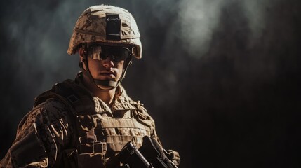 Fototapeta premium Soldier in tactical gear and camouflage uniform holding a rifle. AI generated!