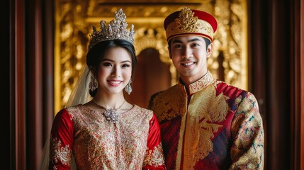 Obraz premium Elegant Traditional Malaysian Wedding Couple in Songket Outfits Posing Outside Royal Palace Full Body Shot