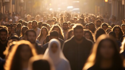 Crowded urban street scene with diverse faces representing various age groups and ethnicities, symbolizing demographic diversity and multiculturalism, with ample copy space for text or design elements