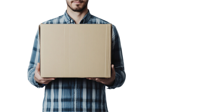 Close-up of a man holding a cardboard box on a white background
