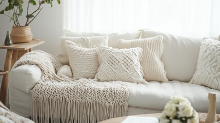 Naklejka premium Cozy living room setup with neutral tones featuring textured cushions and a decorative throw blanket during daylight hours
