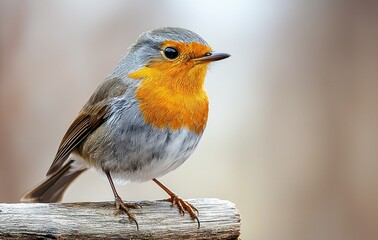 Fototapeta premium European robin perched on a wooden branch with orange breast feathers and soft blurred background Generative AI