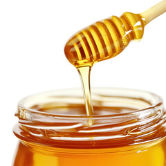 A golden honey dripping from a wooden dipper into a glass jar, showcasing its natural texture and rich color. on transparent cutout, PNG file