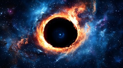 Massive black hole at the center of a swirling galaxy, stars and cosmic debris being pulled into its gravitational abyss, symbolizing destruction and the end of worlds.