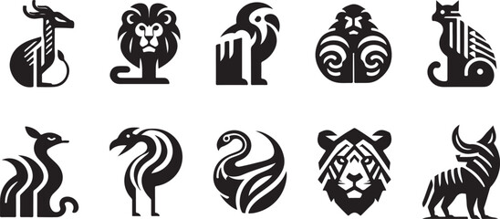 Animals logos collection. Animal black logo set. Geometrical abstract logos. Icon design