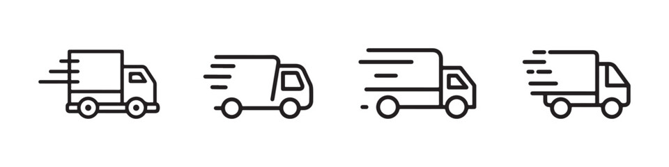 Fast moving shipping delivery truck line art vector icon for transportation apps and websites