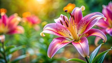 Fototapeta premium tranquil, garden, background, flower, blossom, green, nature, fresh, flora, closeup, A beautiful closeup of a lily flower in a natural background garden with a shallow depth of field