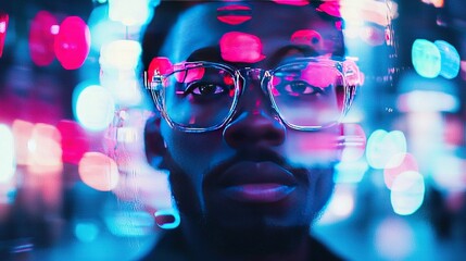   A close-up portrait of a person wearing glasses against a stunning urban backdrop with dazzling city lights