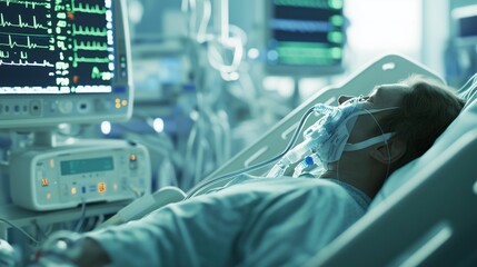 Patient receiving mechanical ventilation in a hospital critical care unit during a medical procedure