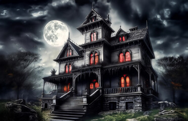 Fototapeta premium Abandoned haunted wooden house in the forest illuminated by a full moon on a cloudy day. House of horrors, Halloween concept