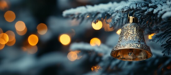A beautifully detailed golden bell hanging on a snowy pine branch, creating a festive atmosphere with soft glowing lights.