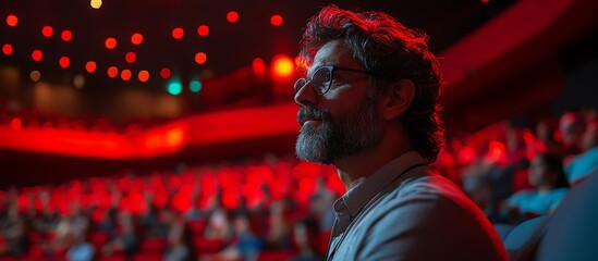 Fototapeta premium A man enjoys a captivating performance in a vibrant theater, surrounded by an audience under dramatic red lighting.