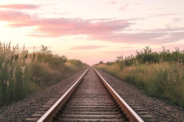 A photograph of train tracks extending into the distance, with the rails vanishing into the horizon
