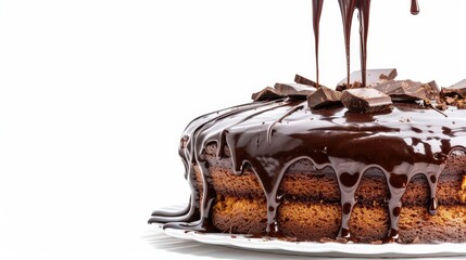 Obraz premium Сhocolate cake on white background, copy space