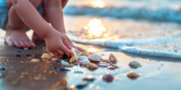 A close-up of a child collecting small, colorful pebbles and shells from the wet sand