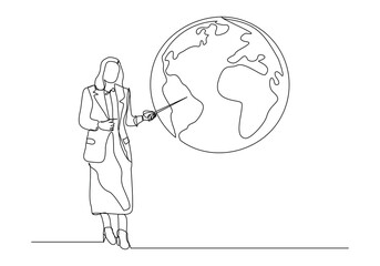 Continuous single line sketch drawing of standing presenter woman presentation pointing on world earth globe with stick explain map weather meteorology prediction. One line art vector illustration