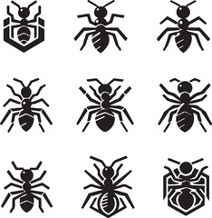 Ant logos collection. Ant black logo set. Geometrical abstract logos. Icon design