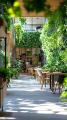 Obraz premium Green Office Space Photo - Sunlit Hallway with Greenery and Wooden Tables