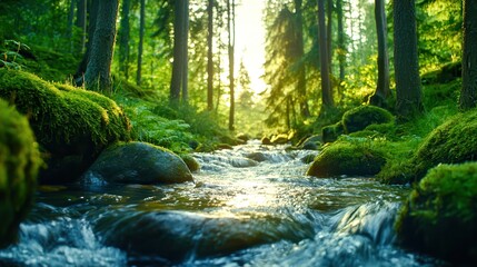 Obraz premium A serene forest scene with a gentle stream flowing over smooth stones, surrounded by lush greenery and soft sunlight.