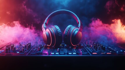 Colorful DJ headphones on DJ console in the background of a fuzzy smoky dark nightclub