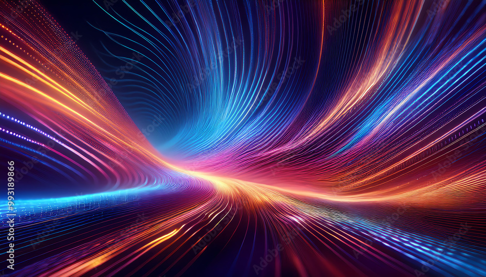 Poster dynamic abstract light waves in vibrant colors on a dark background.