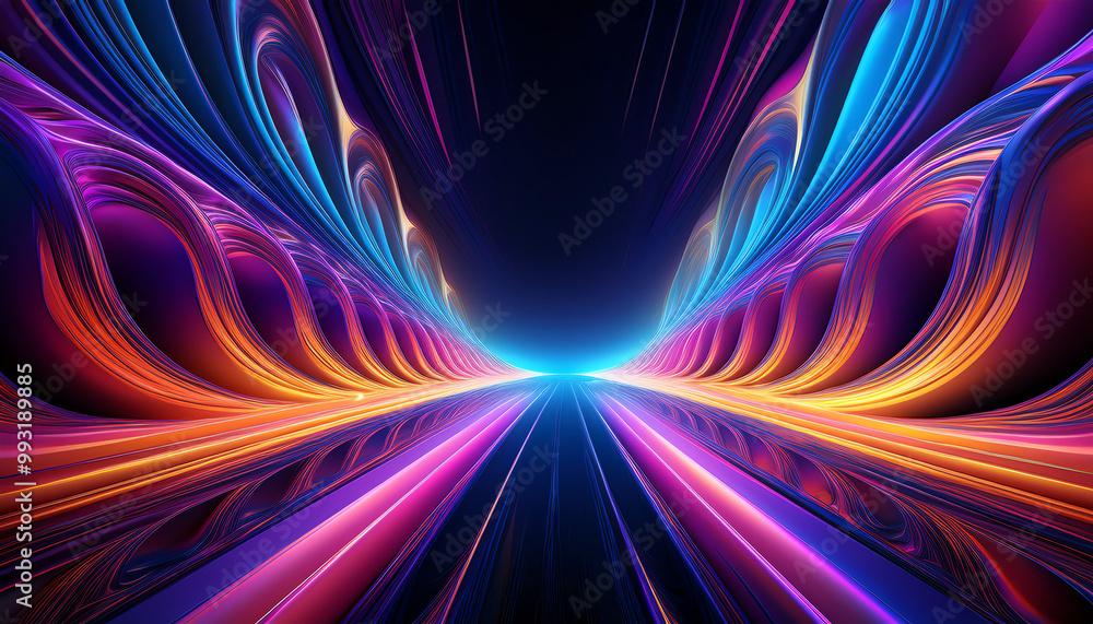 Poster abstract luminous waves in vibrant colors extending towards a bright center.