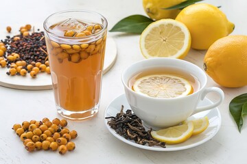 a sea buckthorn drink, a tea with lemon and honey, and the ingredients for making tea