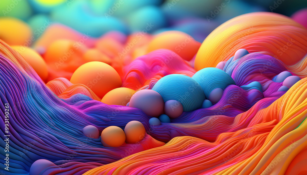 Poster vibrant abstract background with colorful waves and spheres in a dynamic composition.