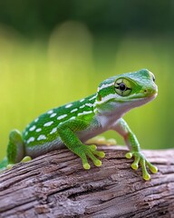 Fototapeta premium A vibrant green frog with white spots resting on a log, surrounded by lush greenery. Perfect for nature-themed projects.
