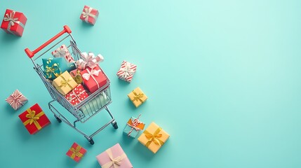 Fototapeta premium Colorful Shopping Bags and Cart on Minimalist Blue Background for Online Retail and E-commerce