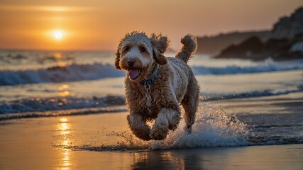 Golden Doodle biegającego na plaży wieczorem, zrobione kamerą filmową, przy użyciu portretu z oświetleniem kinowym