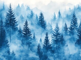 Misty Blue Forest Illustration - Enchanting Woods, Tranquil Scenery