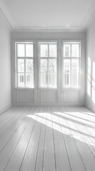 Fototapeta premium An empty room with three windows and a wooden floor at its center is painted white The walls are also white