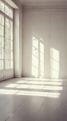 Fototapeta premium An empty room with many windows and a cat resting on the floor in the center of the room