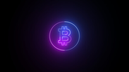 Glowing Bitcoin icon in flat style. Blockchain  illustration on black background. Cryptocurrency business concept.