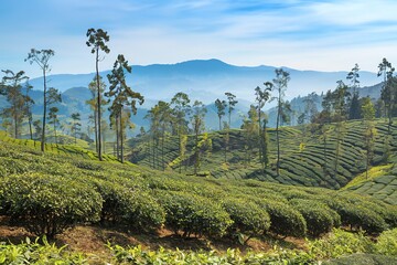 a vast tea plantation with rows of tea bushes