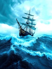 Obraz premium Majestic ship sailing through turbulent ocean waves under a dramatic sky, showcasing adventure and resilience on the high seas.
