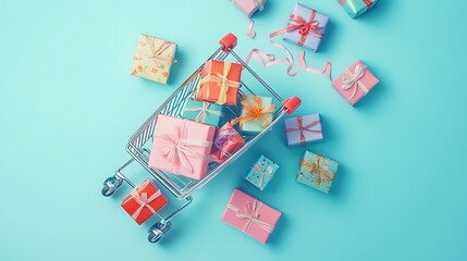 Colorful Shopping Bags and Cart on Minimalist Blue Background for Online Retail and E-commerce