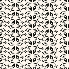 Simple minimalist floral pattern. Minimal seamless texture with small flower shapes. Abstract black and white geometric background. For print, package
