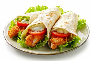 Fried Chicken tortilla wraps with white cream on a plate isolated on a white background, MZ