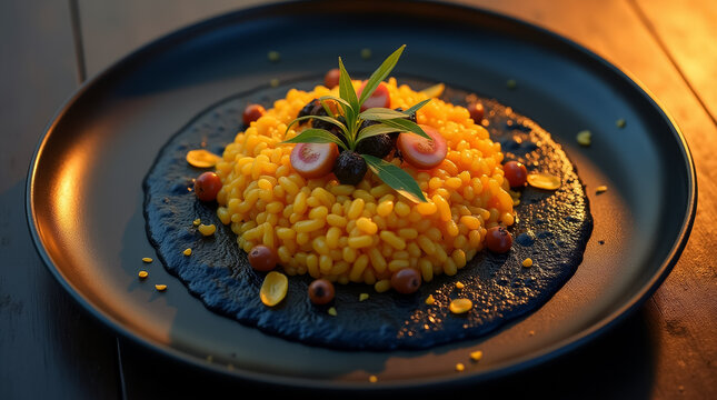 The dish features a mound of yellow risotto, artistically garnished with herbs and various toppings, served on a striking dark plate that enhances its colors