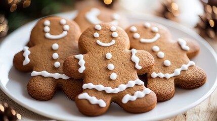 Gingerbread man-shaped Christmas cookies sit on a white plate.