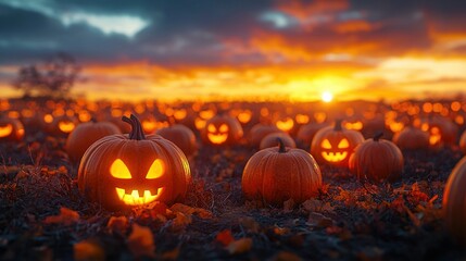   A field of Jack-O'-Lantern pumpkins bathed in the golden glow of the setting sun, with soft clouds drifting by